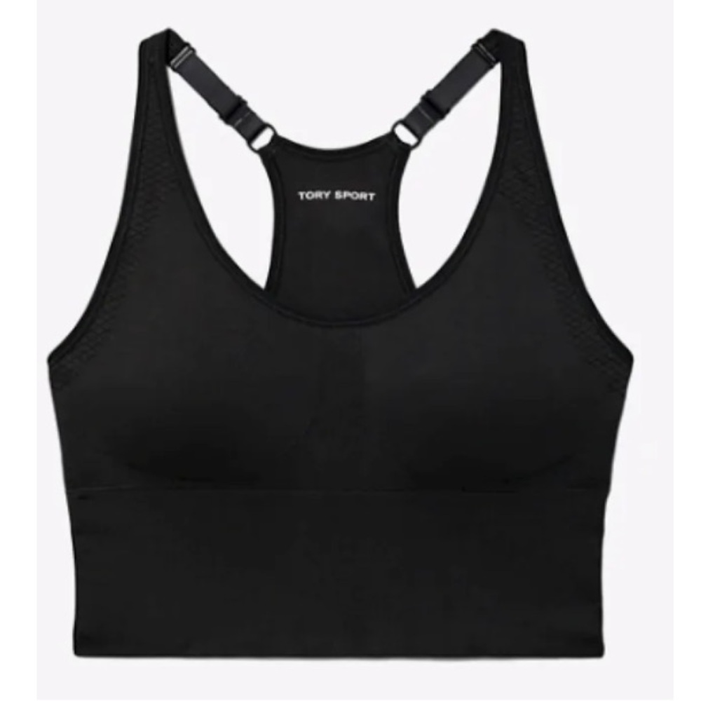 Tory Burch Seamless Adjustable Long Sports Bra, in black.  Cups NOT INCLUDED